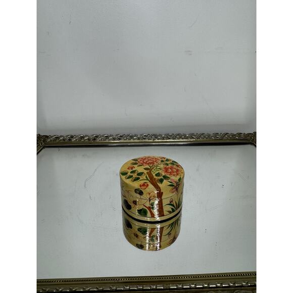 Small Round Floral Hand Painted Paper Mache Trinket Box - Picture 8 of 9